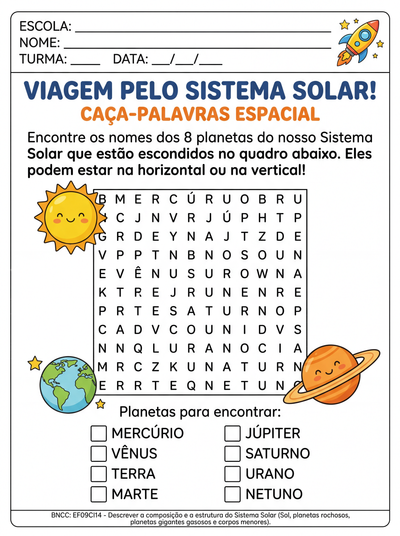 atividade de caça palavras com os 8 planetas do sistema solar