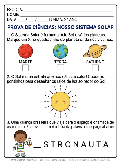 Planetas, sistema solar, prova 2 ano,