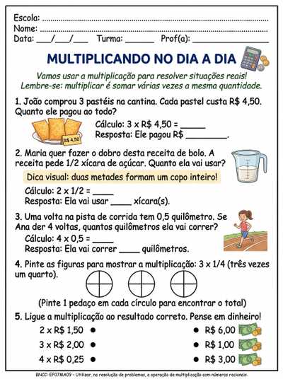 ATIVIDADE ADAPATADA PARA ALUNA COM DEFICIENCIA INTELECTUAL SOBRE MULTIPLICAÇAO  COM NUMEROS RACIONAIS ENSINO MEDIO. 5 QUESTOES