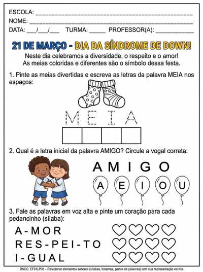 ATIVIDADE ALFABETIZAÇAO DIA SINDROME DE DOWN