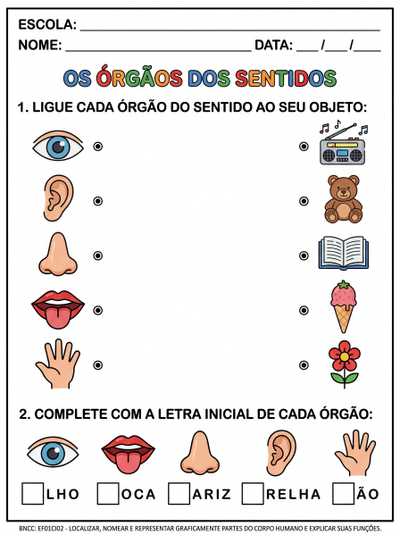 atividade com letra bastão para alfabetização sobre os órgão dos sentidos,