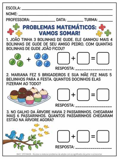ATIVIDADE PARA ALFABETIZAÇAO DE PROBLEMAS MATEMATICO DE ADIÇAO
