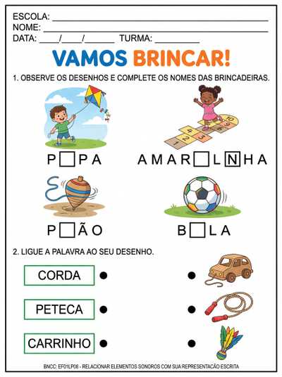 ATIVIDADE COM LETRA BASTAO PARA ALFABETIZAQÇAO SOBRE BRINCADEIRAS