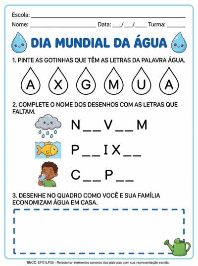 ATIVIDADE SOBRE DIA DA AGUA ALFABETIZAÇAO