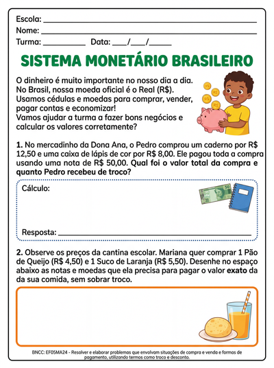 sistema monetario texto e atividades
 5 ano