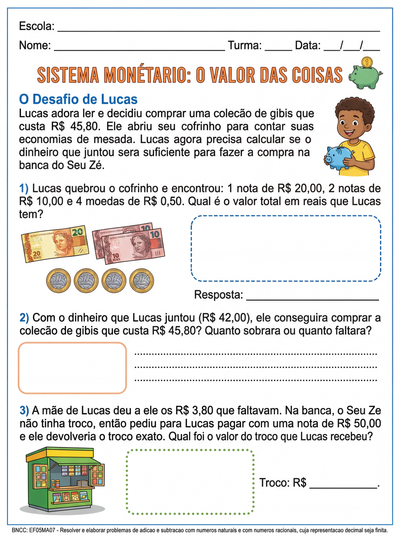 sistema monetario texto e atividades
 5 ano
