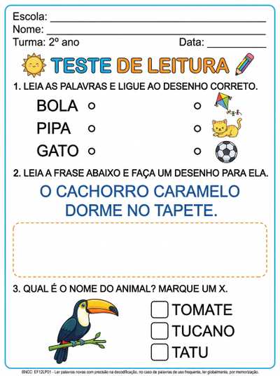Teste de leitura
Turma do 2º ano
Palavras e Frases