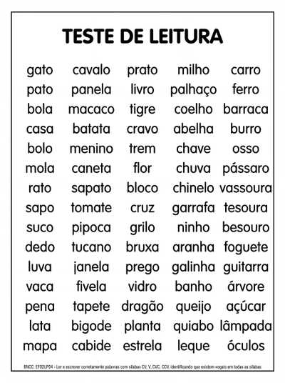 Teste de leitura 
Turma do 2º ano 
Leitura de Palavras , sem questões apenas a leitura de  palavras simples e complexas 75 palavras no total