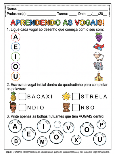 Atividade de alfabetização com as vogais