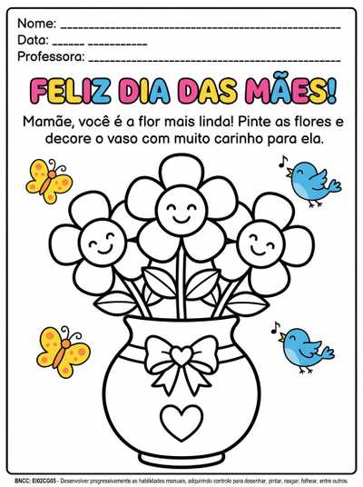 Crie uma atividade para crianças do maternal sobre o tema Dia das mães. A atividade deve conter ilustrações para serem pintadas e decoradas. Também deve ser em preto e branco para impressão.