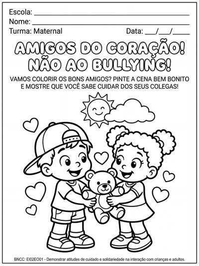 Crie uma atividade para crianças do maternal sobre o tema  Dia Nacional de combate ao bullying. A atividade deve ser em preto e branco para impressão e para o aluno colorir as ilustrações.