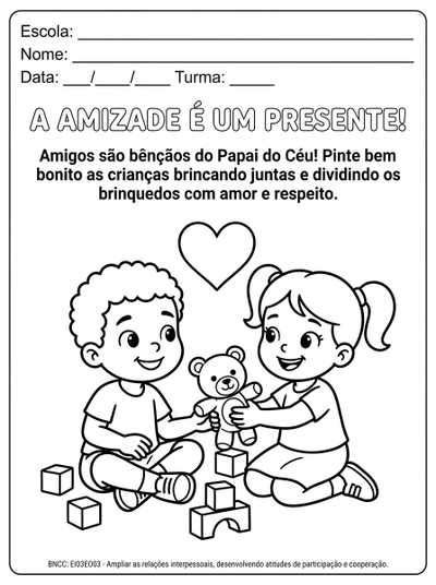 Crie uma atividade de ensino religioso sobre a amizade para crianças do pré 1.
A atividade deve ser em preto e branco para impressão  para o aluno colorir as ilustrações.