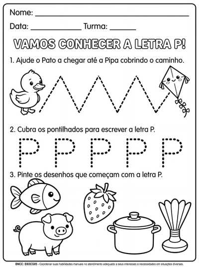 Crie uma atividade para crianças do pré 1.
A atividade deve conter : coordenação motora,  consoate P.
A atividade deve ser em preto e branco para impressão  para o aluno colorir as ilustrações.