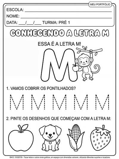 Crie uma atividade para crianças do pré 1, a atividade deve ser para o portfólio
A atividade deve conter :
A letra M
A atividade deve ser em preto e branco para impressão para o aluno colorir as ilustrações.