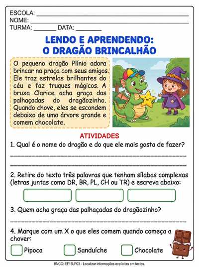 atividade sobre interpretação de textos de sílabas complexas para o terceiro ano.