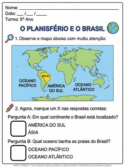 Planisfério e Brasil: continentes e oceanos