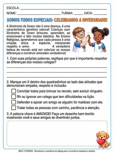 atividade sidrome de down 5 ano ensino religioso