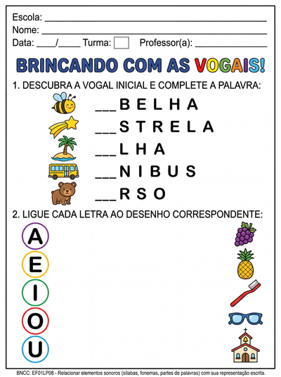 Atividade de alfabetização com as vogais