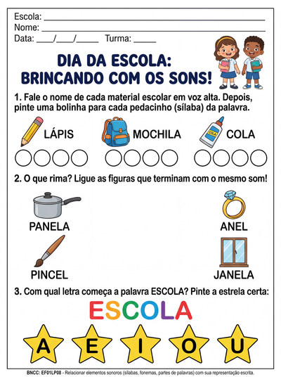 Atividade para dia da escola  consciência fonológica 1 ano