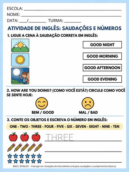 Atividade de inglês: saudações e números até 10