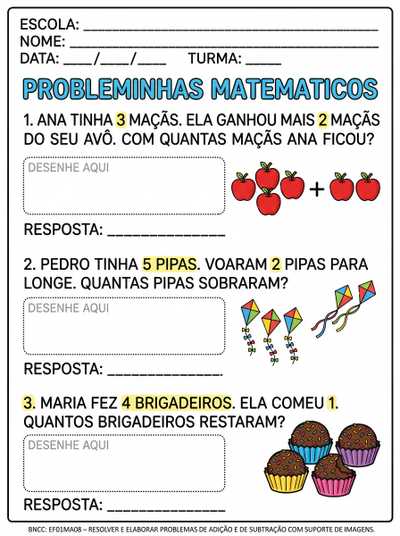 Probleminhas  para alfabetização com letra bastão