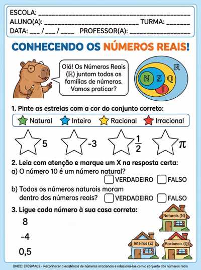 atividade adaptada de matemática conjunto dos números reais 8º ano