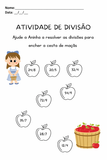 Atividade de divisão para encher a cesta de maçãs