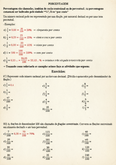 Porcentagem: conversão e exercícios (8º ano)